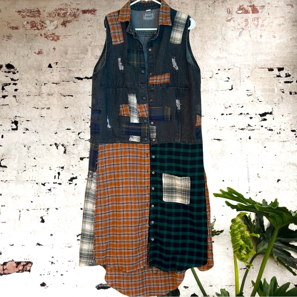 Upcycled fringe back patched distressed denim vest and mixed flannel duster
